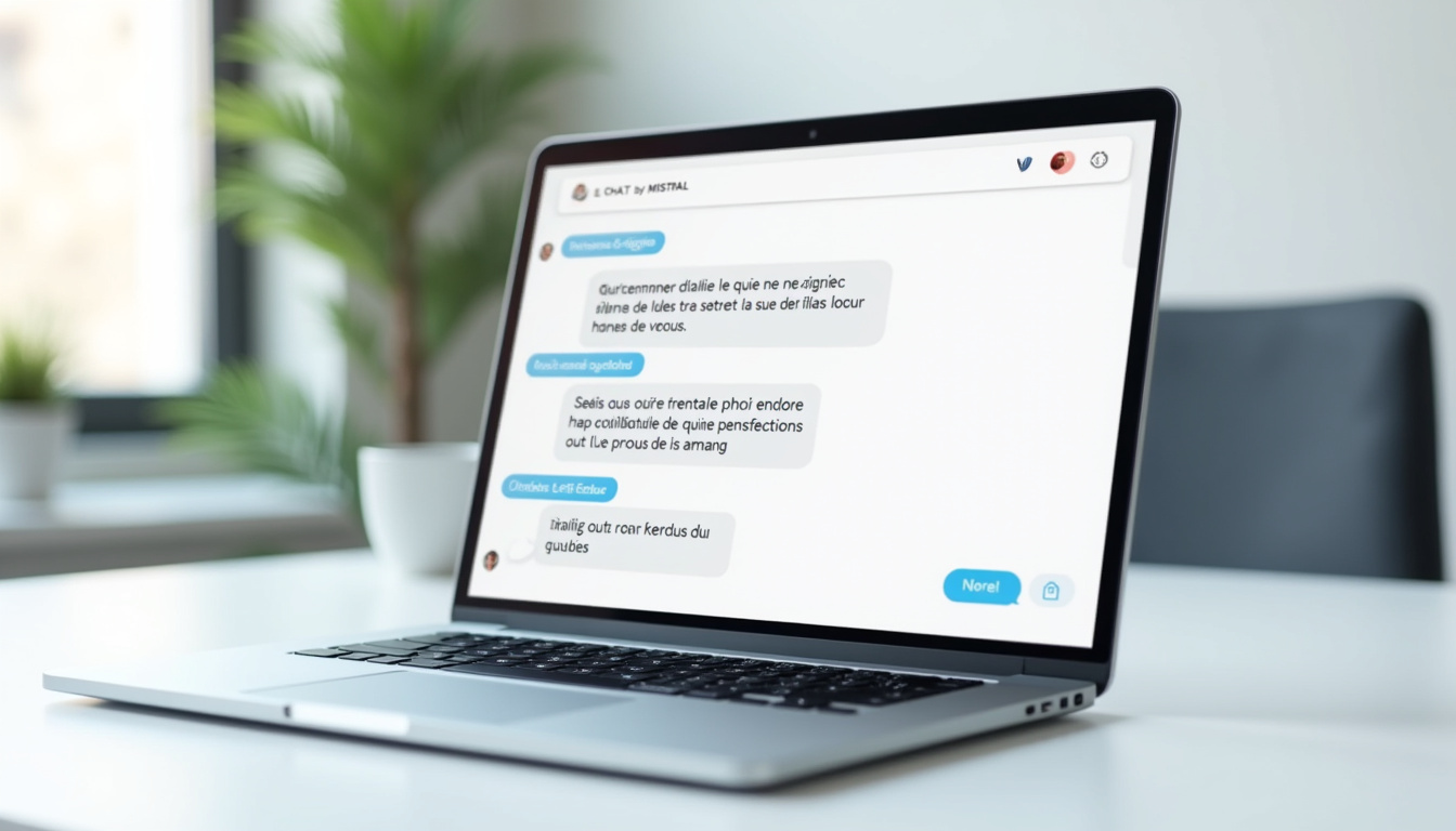 Interface professionnelle de Le Chat par Mistral AI montrant une conversation en français avec un assistant IA dans un cadre de travail