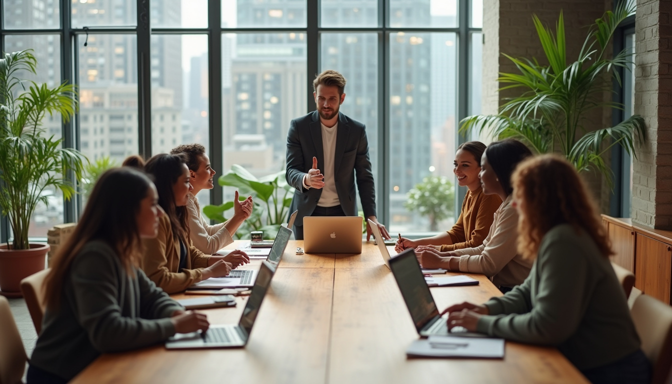 Jeune entrepreneur en réunion avec son équipe dans un espace de coworking
