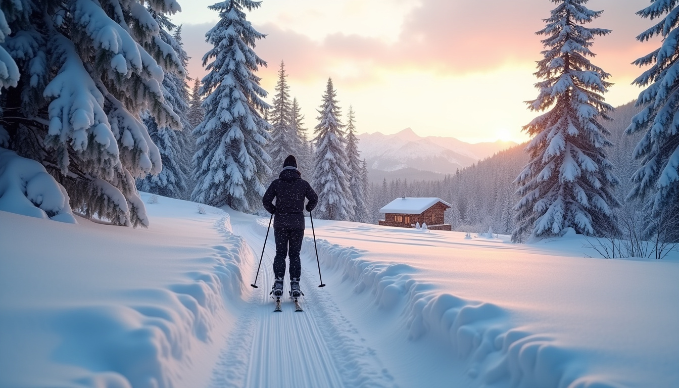 Pratique du ski de fond sur les pistes enneigées de Font d’Urle, entouré de forêts et de montagnes