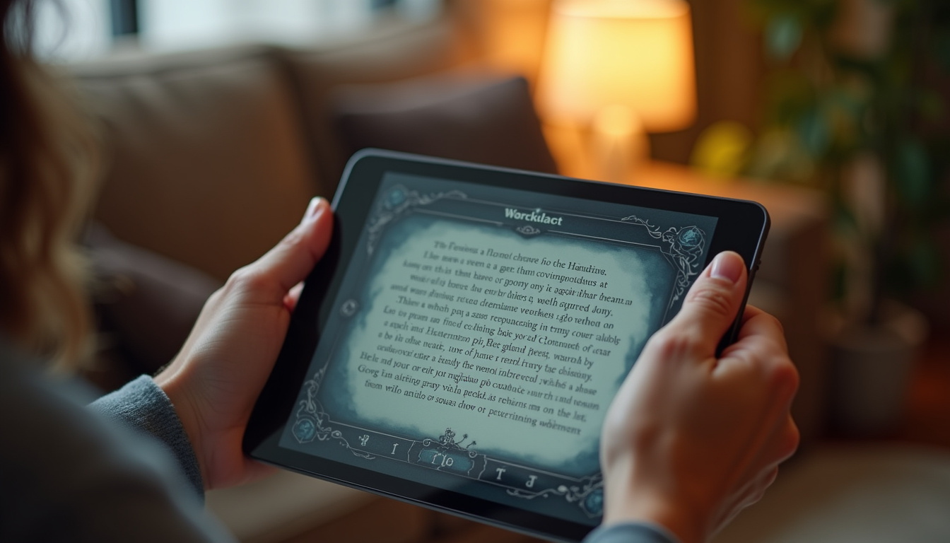 Utilisation d’AI Dungeon sur une tablette, avec les mains tenant l’appareil et le texte d’une aventure en cours affiché à l’écran