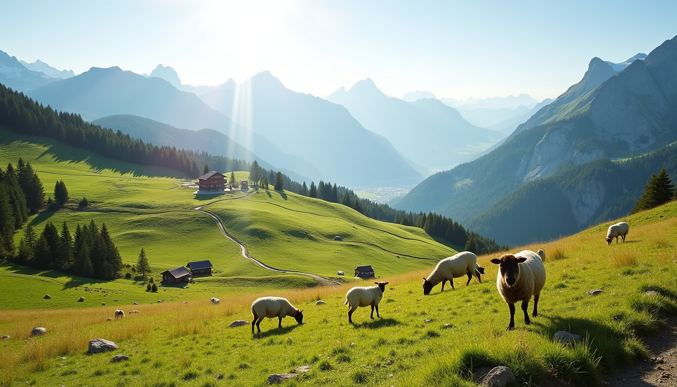 Vue panoramique de l’alpage de Font d’Urle en été, avec troupeaux de moutons et sentier balisé